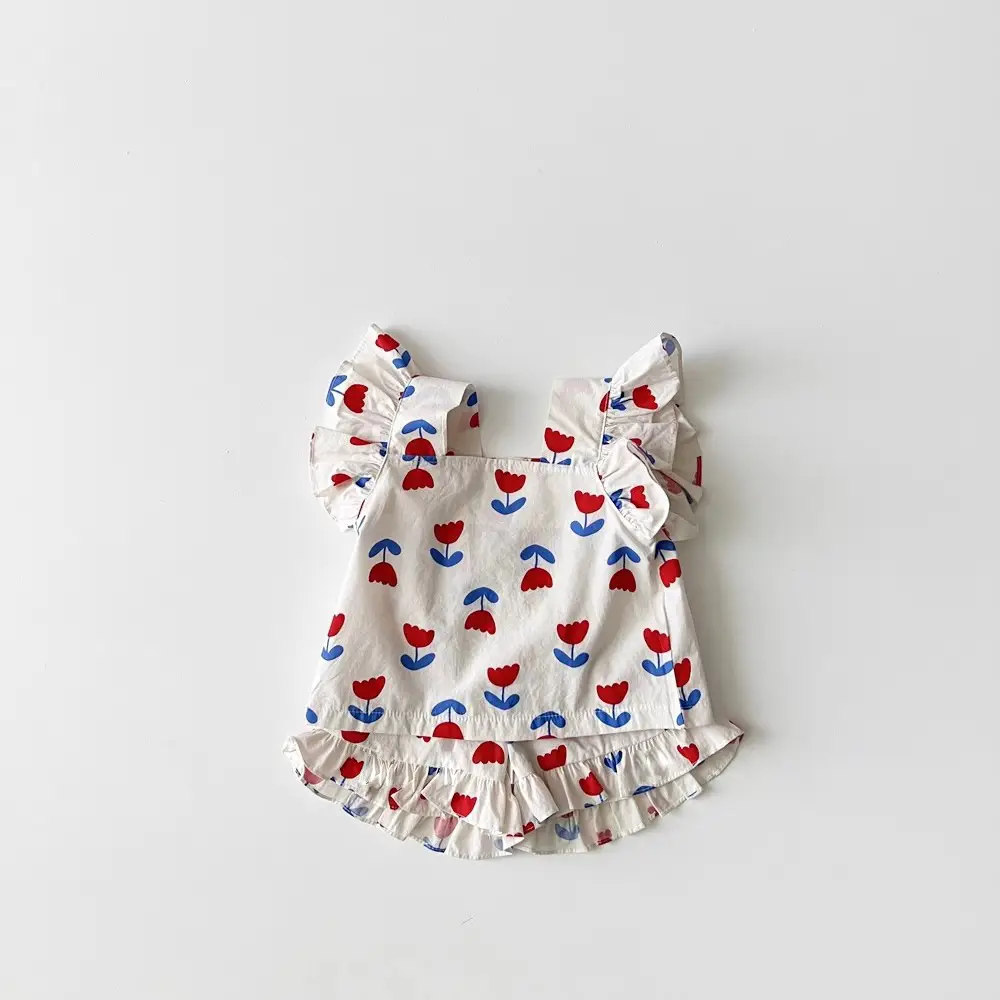 Girls Baby Suit Small Cotton Tulip Sling Flying Sleeve Top Bread Pants Two-Piece Set - Image 3