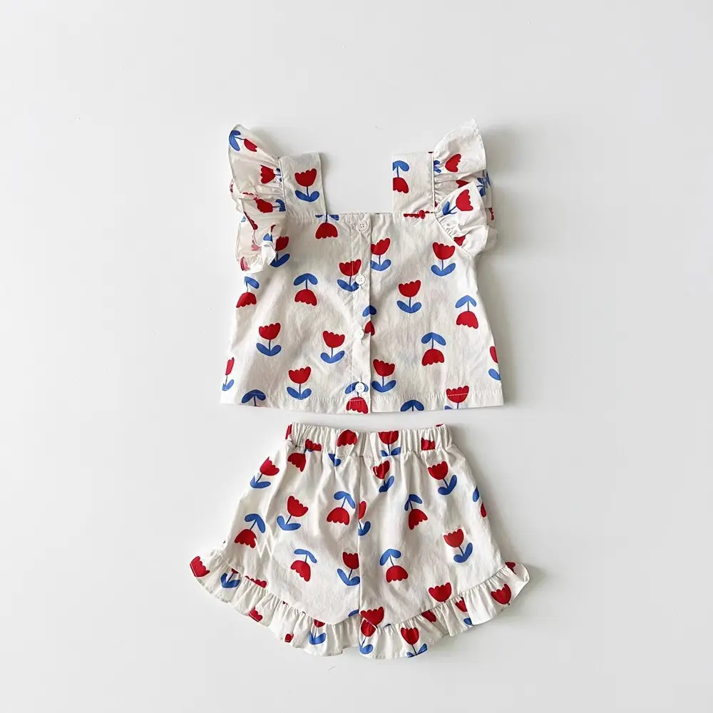 Girls Baby Suit Small Cotton Tulip Sling Flying Sleeve Top Bread Pants Two-Piece Set - Image 4