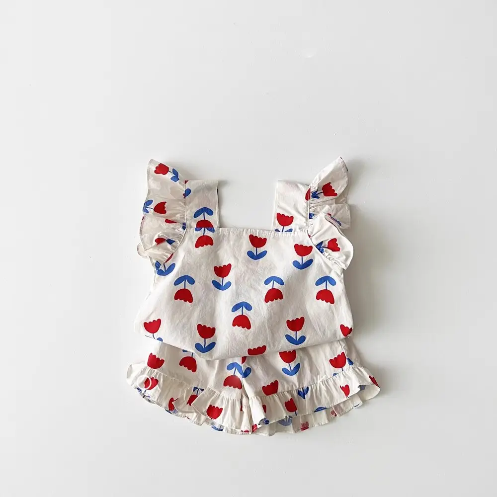 Girls Baby Suit Small Cotton Tulip Sling Flying Sleeve Top Bread Pants Two-Piece Set - Image 5