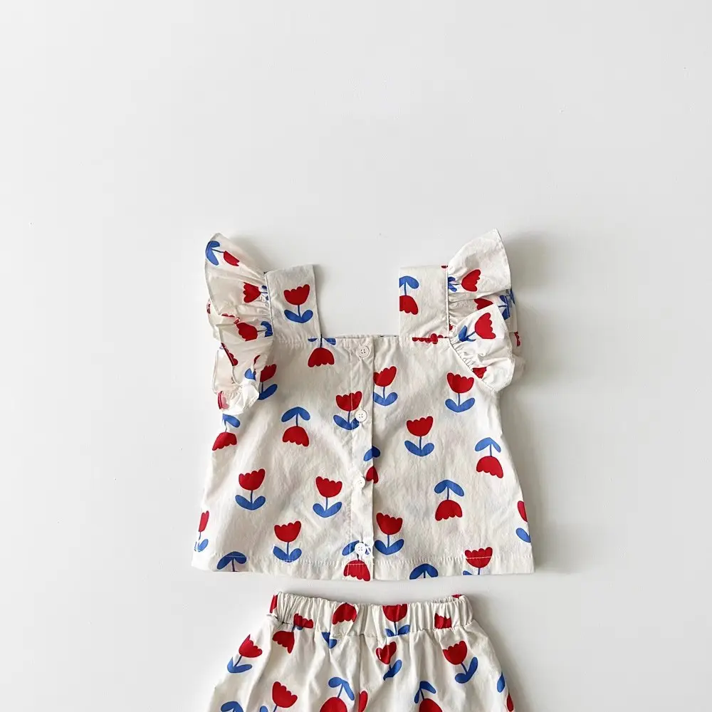 Girls Baby Suit Small Cotton Tulip Sling Flying Sleeve Top Bread Pants Two-Piece Set — feature 7