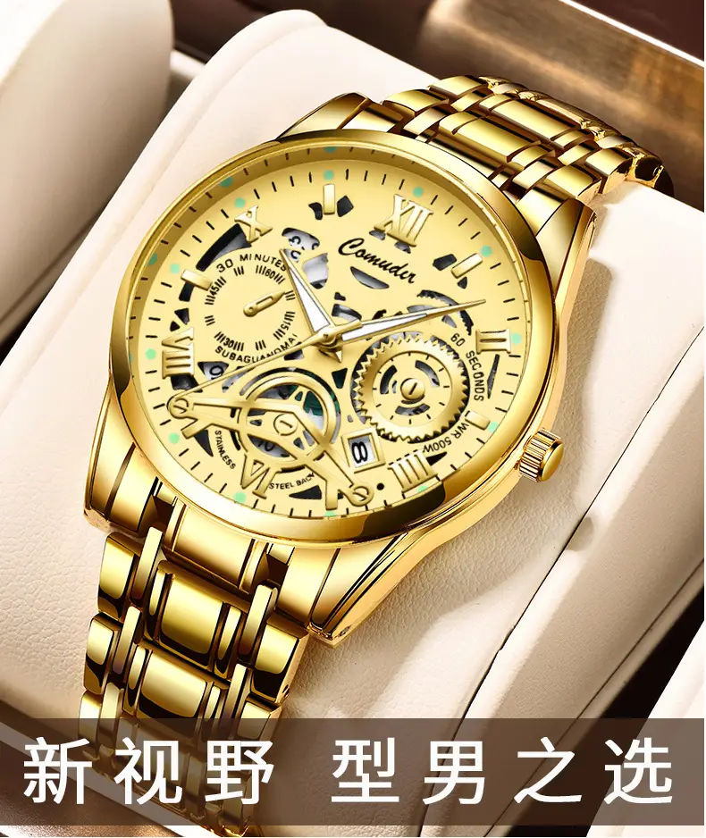 Men's Gold Steel Skeleton Watch with Luminous Dial — feature 1