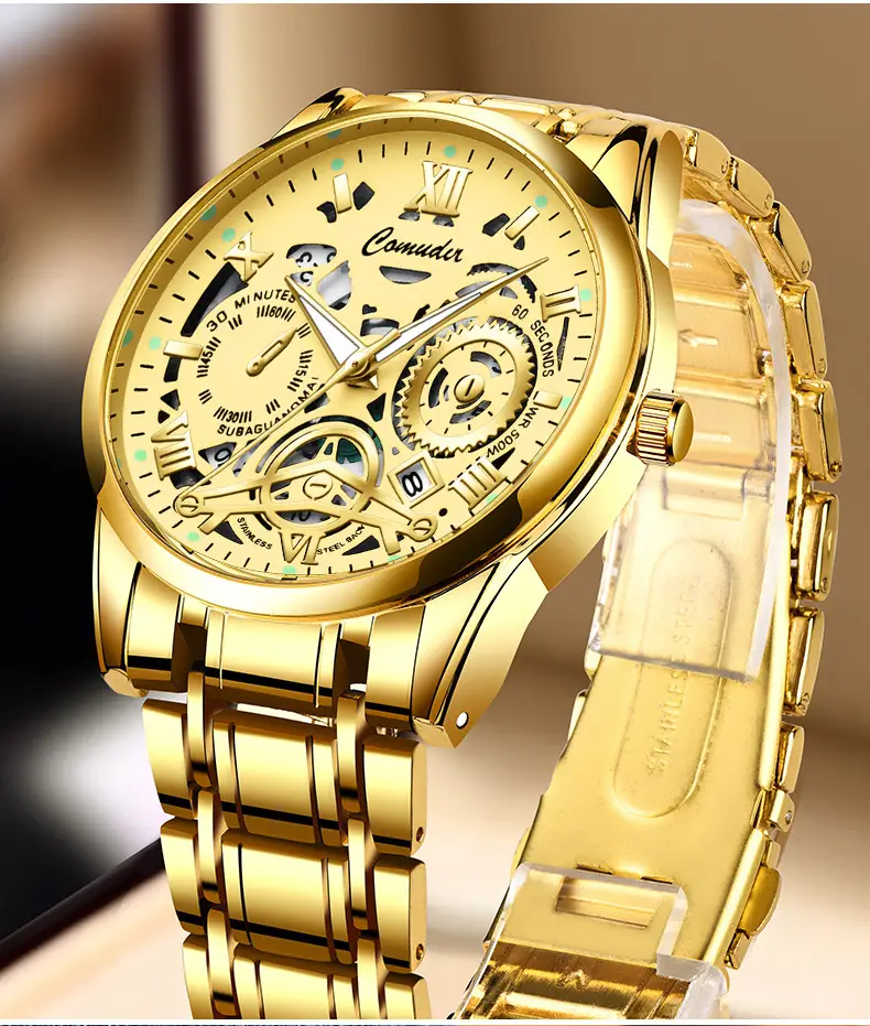 Men's Gold Steel Skeleton Watch with Luminous Dial — feature 2