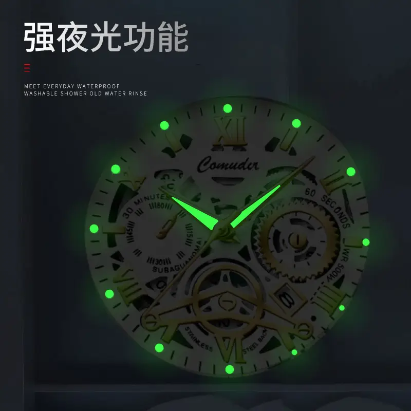 Men's Gold Steel Skeleton Watch with Luminous Dial — feature 4