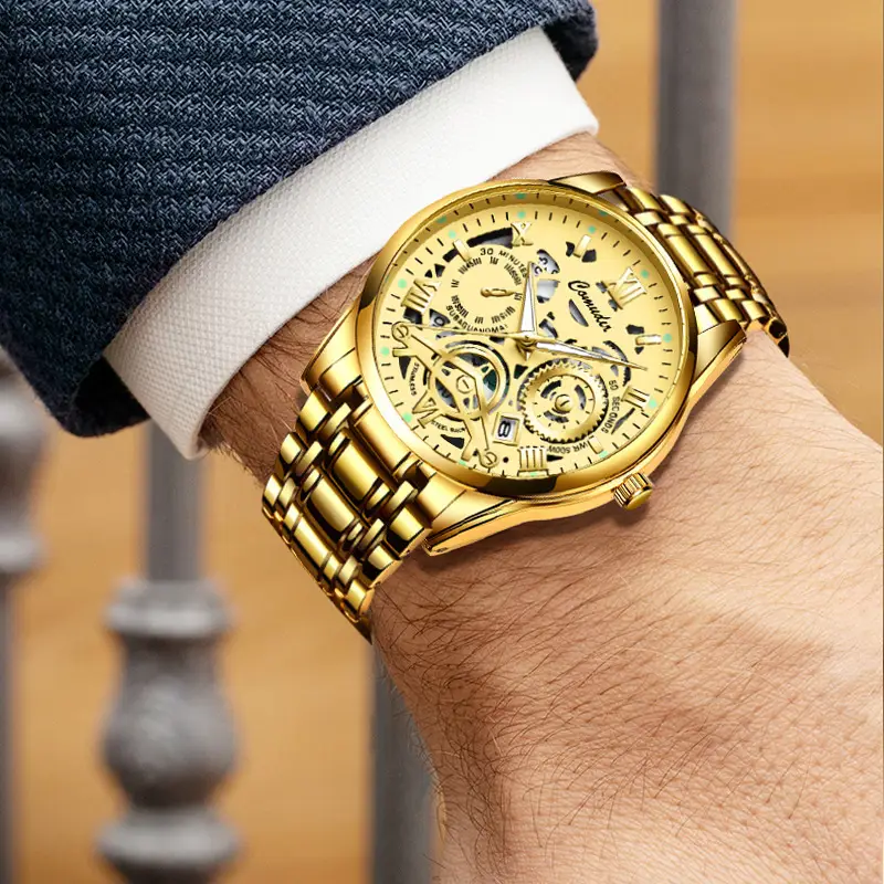 Men's Gold Steel Skeleton Watch with Luminous Dial — feature 8