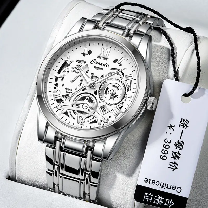 Men's Gold Steel Skeleton Watch with Luminous Dial