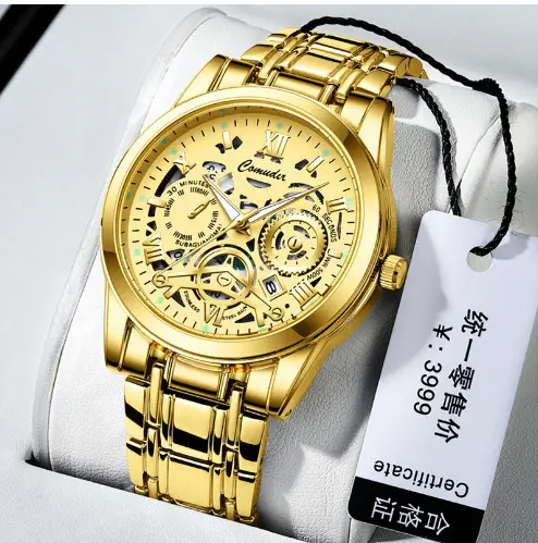 Men's Gold Steel Skeleton Watch with Luminous Dial