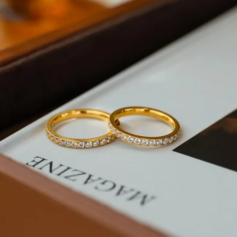 Super Flash Full Diamond Zircon Ring Ring Electroplated 18K Lap with Niche Ring Female Titanium Steel High Color Preservation Accessories Wholesale
