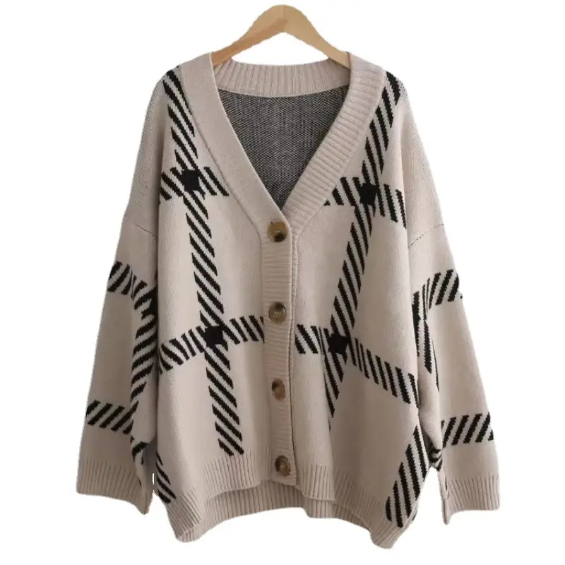 Women Plaid Knitted Cardigan V-Neck Coat Winter Casual - Image 7