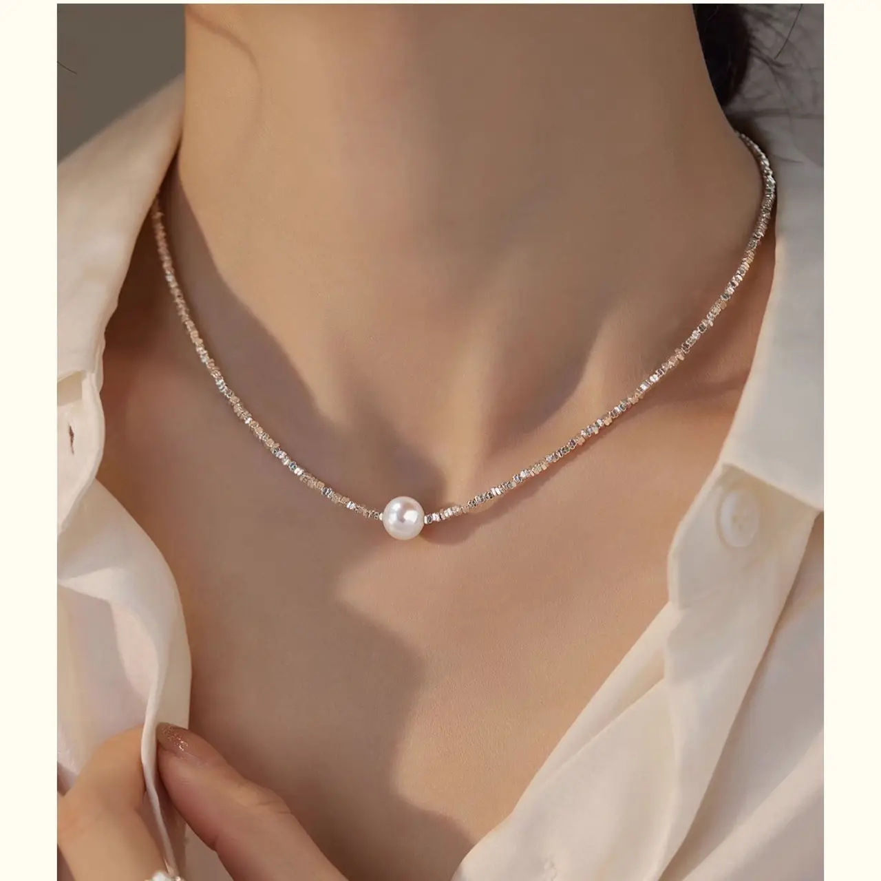 Broken Silver Pearl Necklace for Women - Image 10