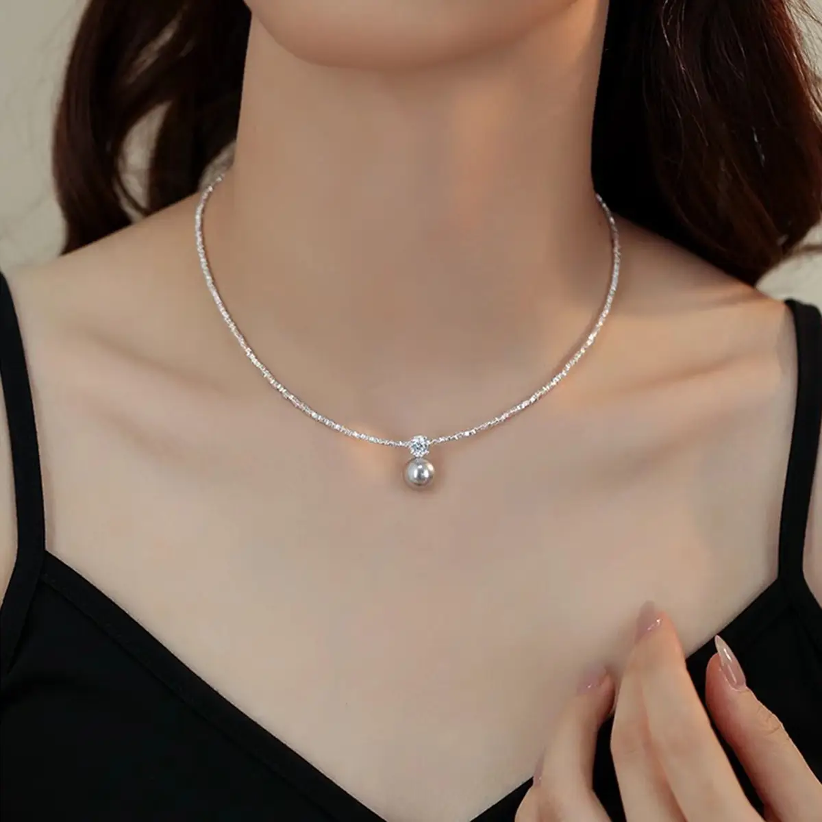 Broken Silver Pearl Necklace for Women - Image 3