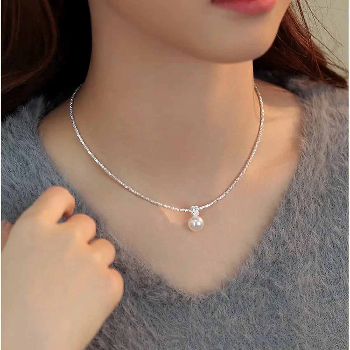 Broken Silver Pearl Necklace for Women - Image 4