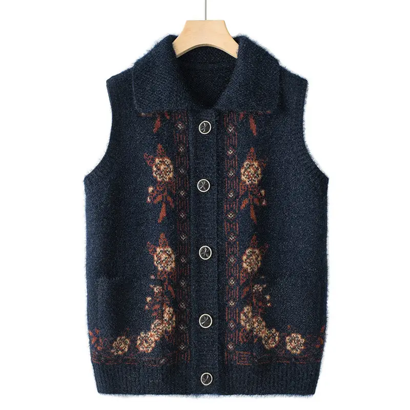 Mom's Knitted Cardigan Vest Navy Blue Floral Embroidered
