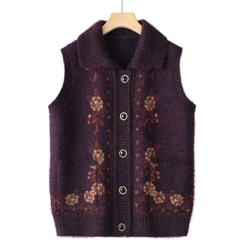 Mom's Knitted Cardigan Vest Navy Blue Floral Embroidered
