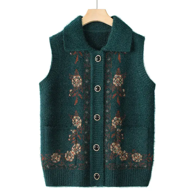 Mom's Knitted Cardigan Vest Navy Blue Floral Embroidered