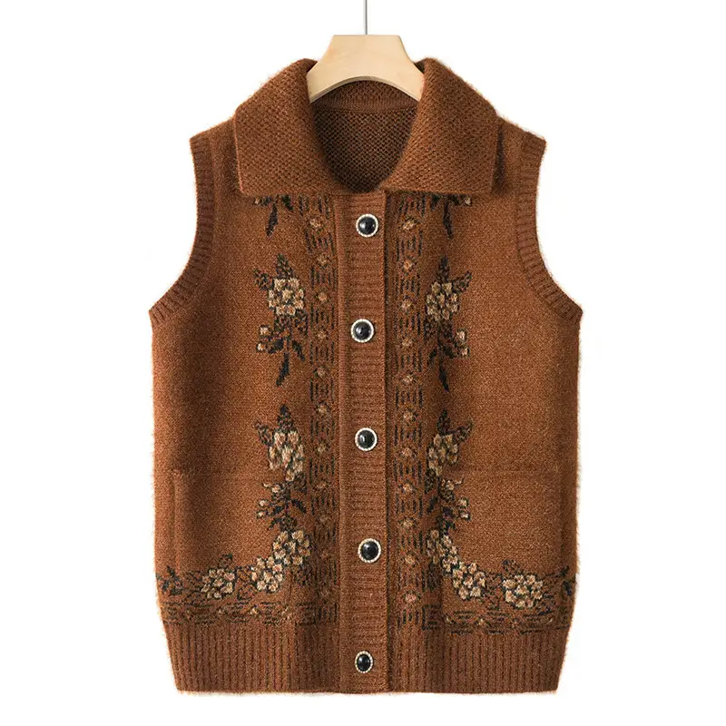Mom's Knitted Cardigan Vest Navy Blue Floral Embroidered