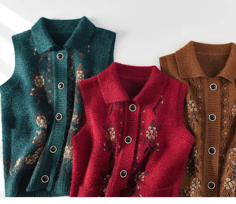 Mom's Knitted Cardigan Vest Navy Blue Floral Embroidered — feature 1