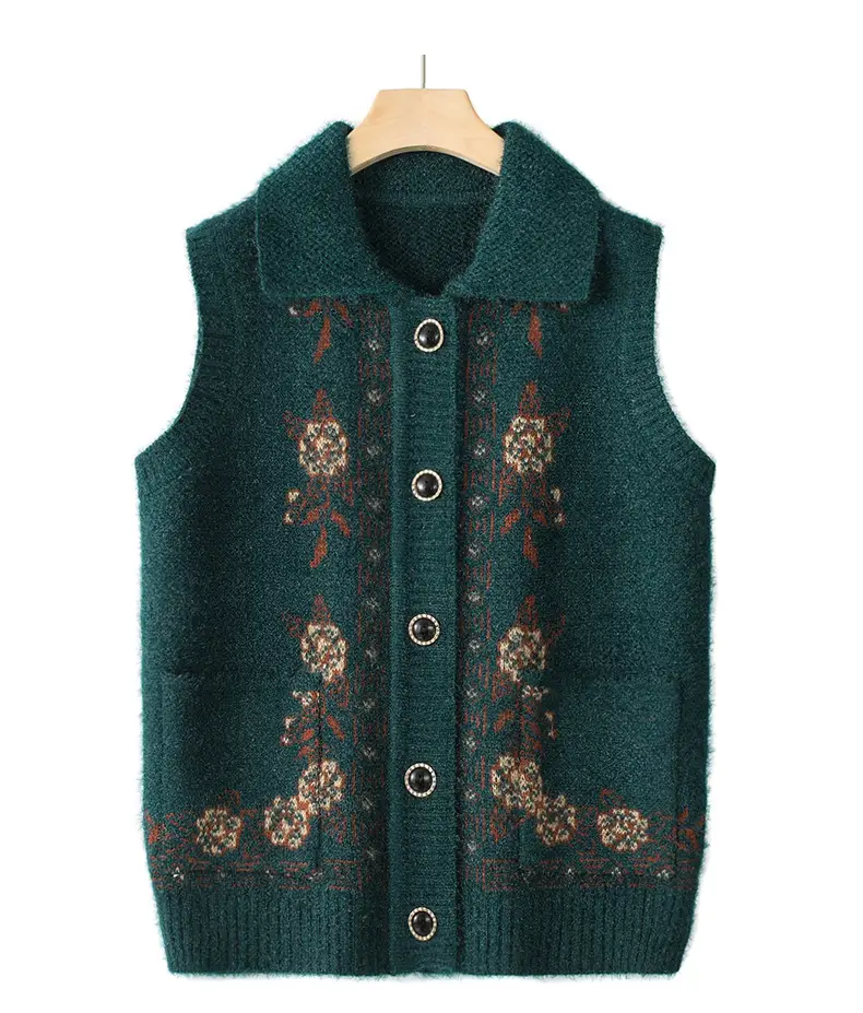 Mom's Knitted Cardigan Vest Navy Blue Floral Embroidered — feature 15
