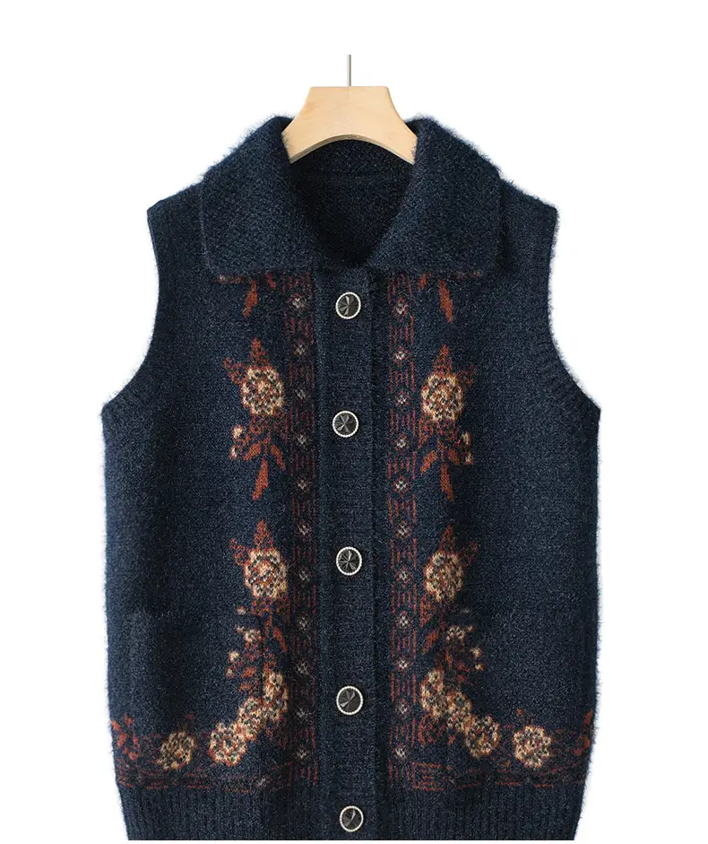 Mom's Knitted Cardigan Vest Navy Blue Floral Embroidered — feature 17