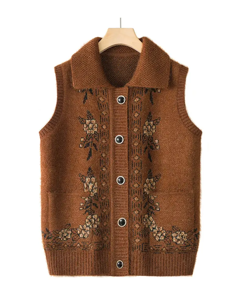 Mom's Knitted Cardigan Vest Navy Blue Floral Embroidered — feature 18