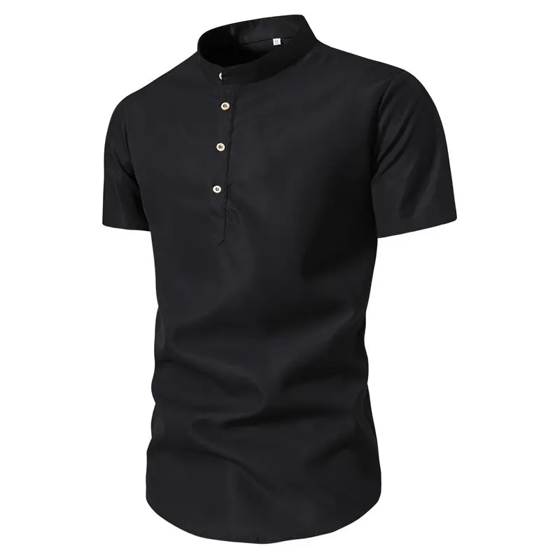 Men's Black Stand Collar Short Sleeve Shirt - Image 13