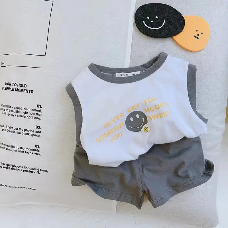 Pure Cotton Sleeveless T-Shirt Vest Shorts Set Boys Summer - Image 3