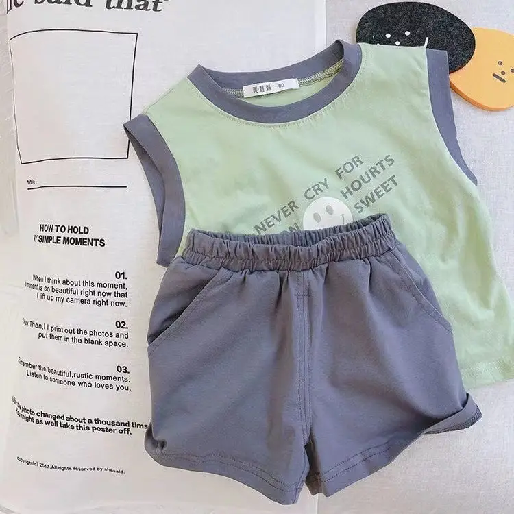 Pure Cotton Sleeveless T-Shirt Vest Shorts Set Boys Summer - Image 4