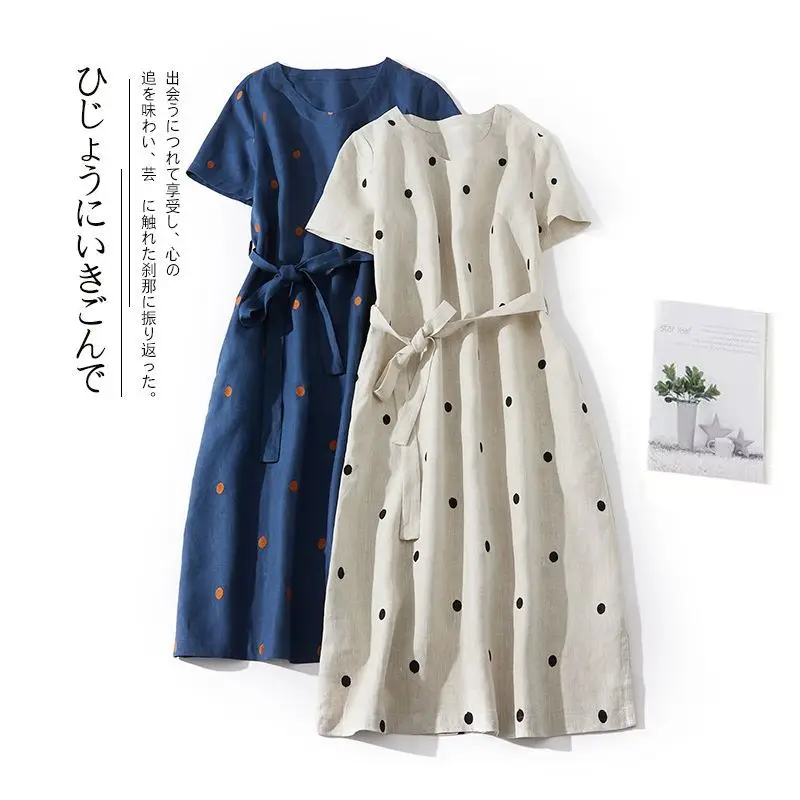 Blue Linen Printed Polka Dot Mid-Length Dress - Image 3