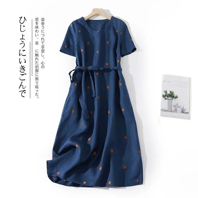 Blue Linen Printed Polka Dot Mid-Length Dress - Image 4