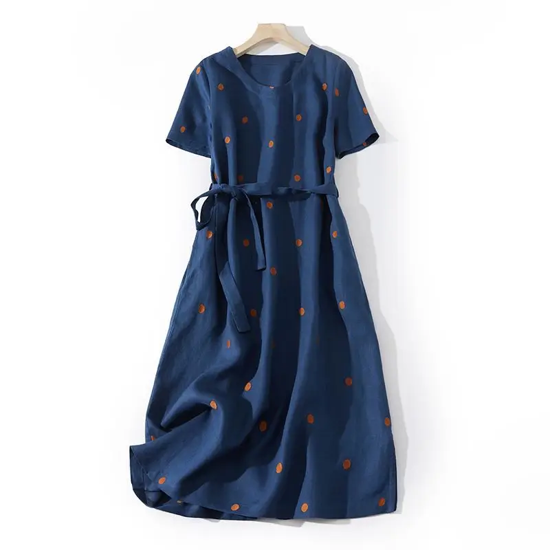 Blue Linen Printed Polka Dot Mid-Length Dress - Image 6
