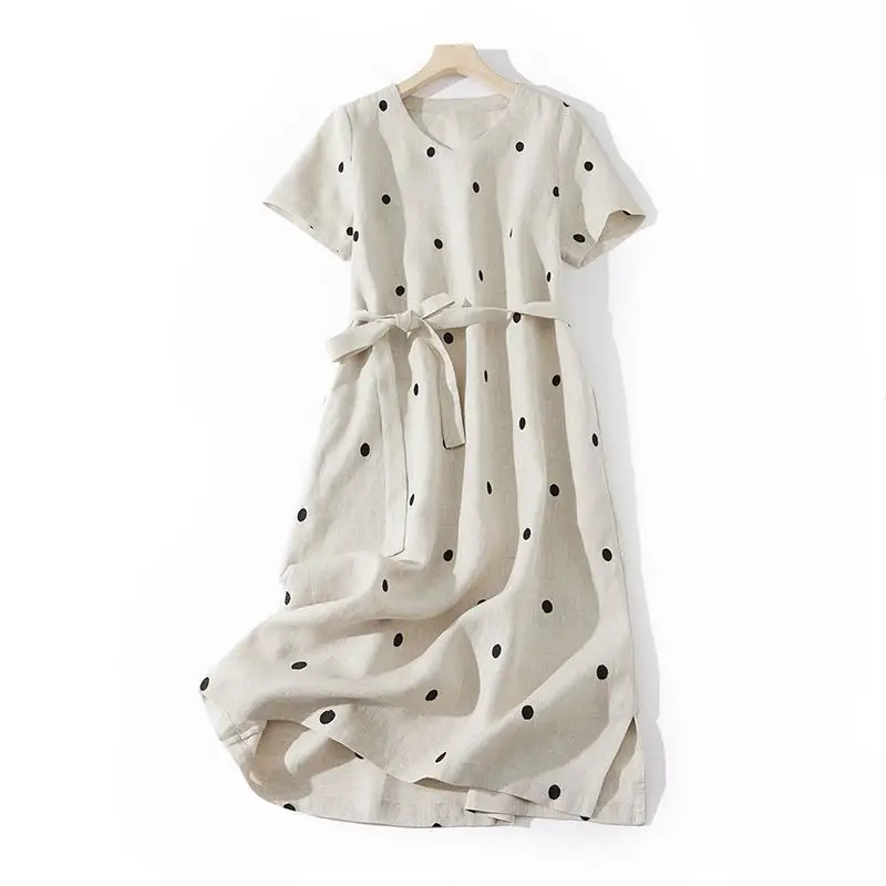 Blue Linen Printed Polka Dot Mid-Length Dress - Image 7