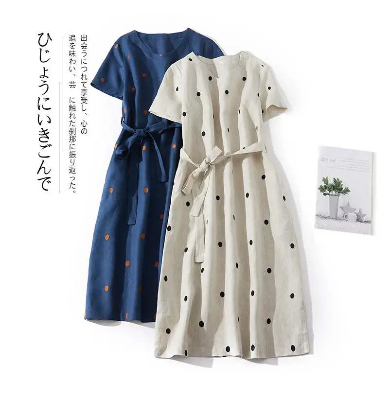 Blue Linen Printed Polka Dot Mid-Length Dress — feature 1