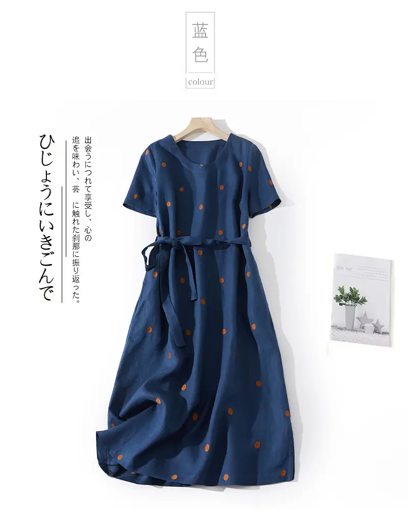 Blue Linen Printed Polka Dot Mid-Length Dress — feature 10