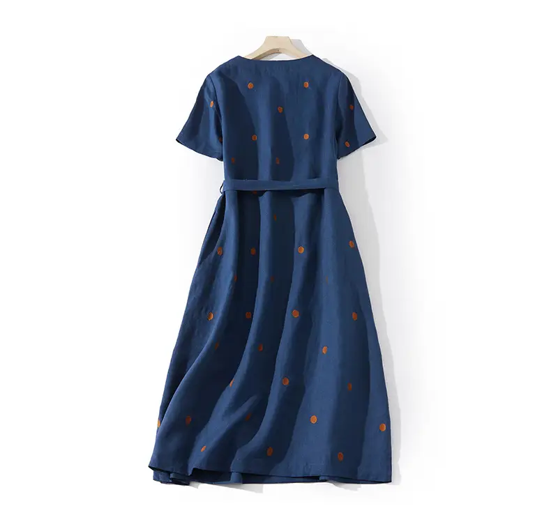 Blue Linen Printed Polka Dot Mid-Length Dress — feature 11
