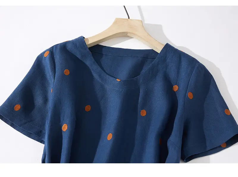 Blue Linen Printed Polka Dot Mid-Length Dress — feature 12