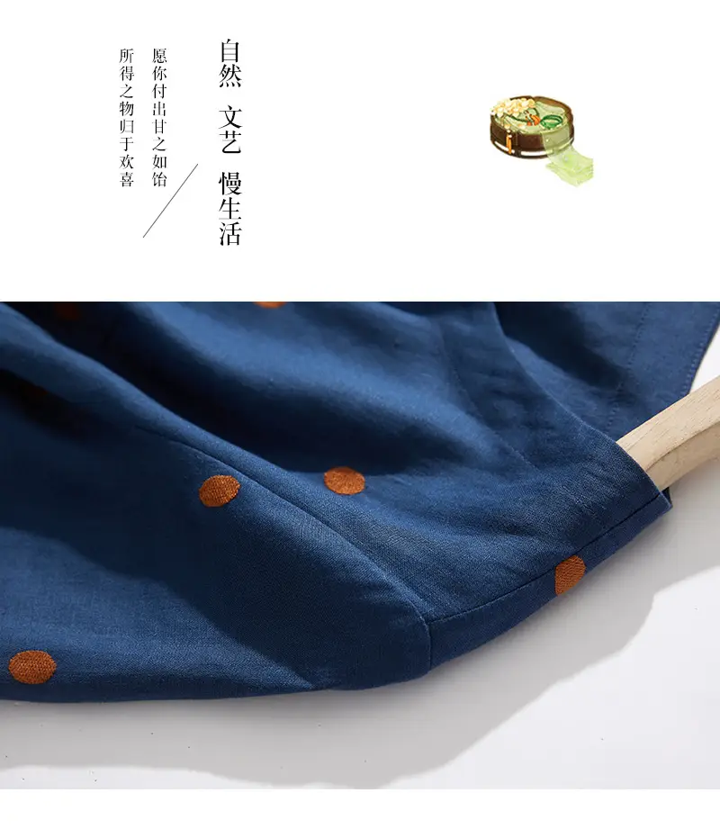 Blue Linen Printed Polka Dot Mid-Length Dress — feature 13