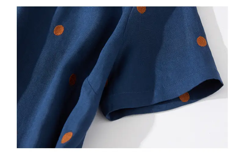 Blue Linen Printed Polka Dot Mid-Length Dress — feature 14