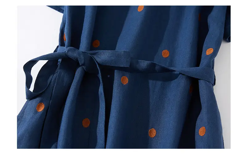 Blue Linen Printed Polka Dot Mid-Length Dress — feature 15