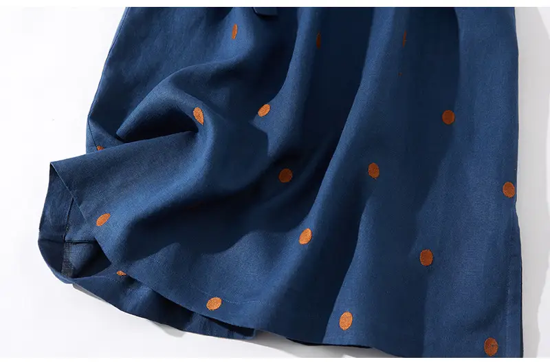 Blue Linen Printed Polka Dot Mid-Length Dress — feature 18