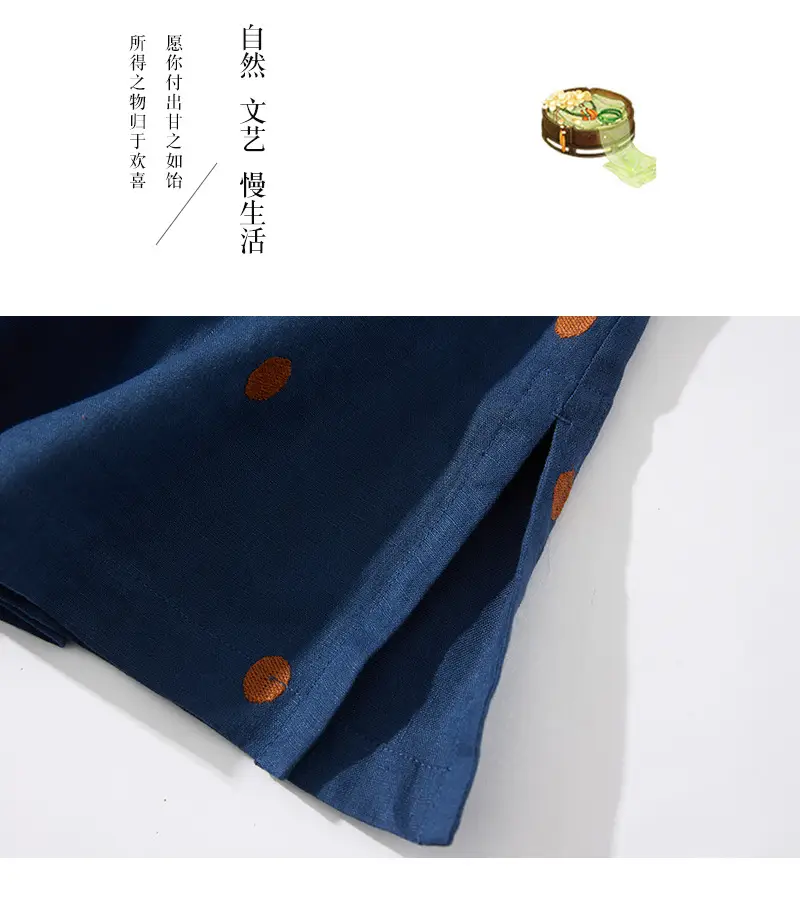 Blue Linen Printed Polka Dot Mid-Length Dress — feature 20