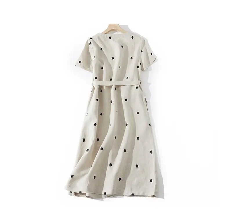 Blue Linen Printed Polka Dot Mid-Length Dress — feature 22