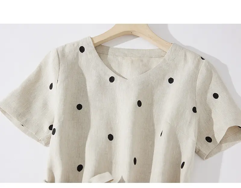 Blue Linen Printed Polka Dot Mid-Length Dress — feature 23