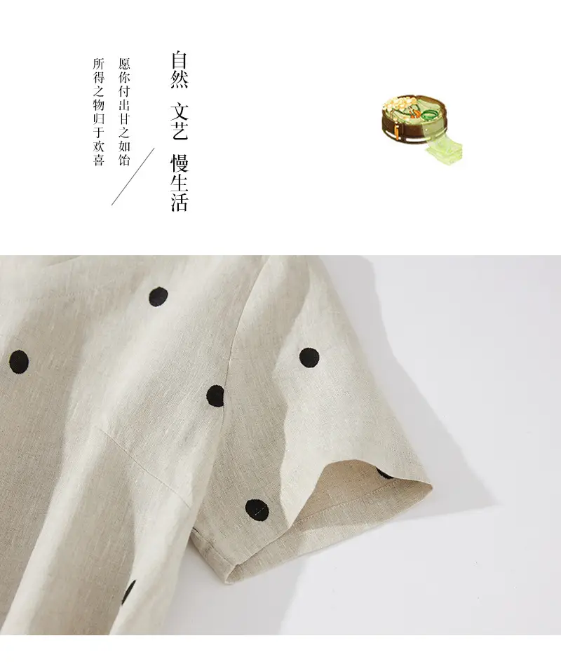 Blue Linen Printed Polka Dot Mid-Length Dress — feature 24