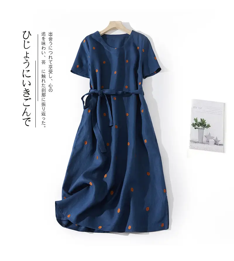 Blue Linen Printed Polka Dot Mid-Length Dress — feature 3