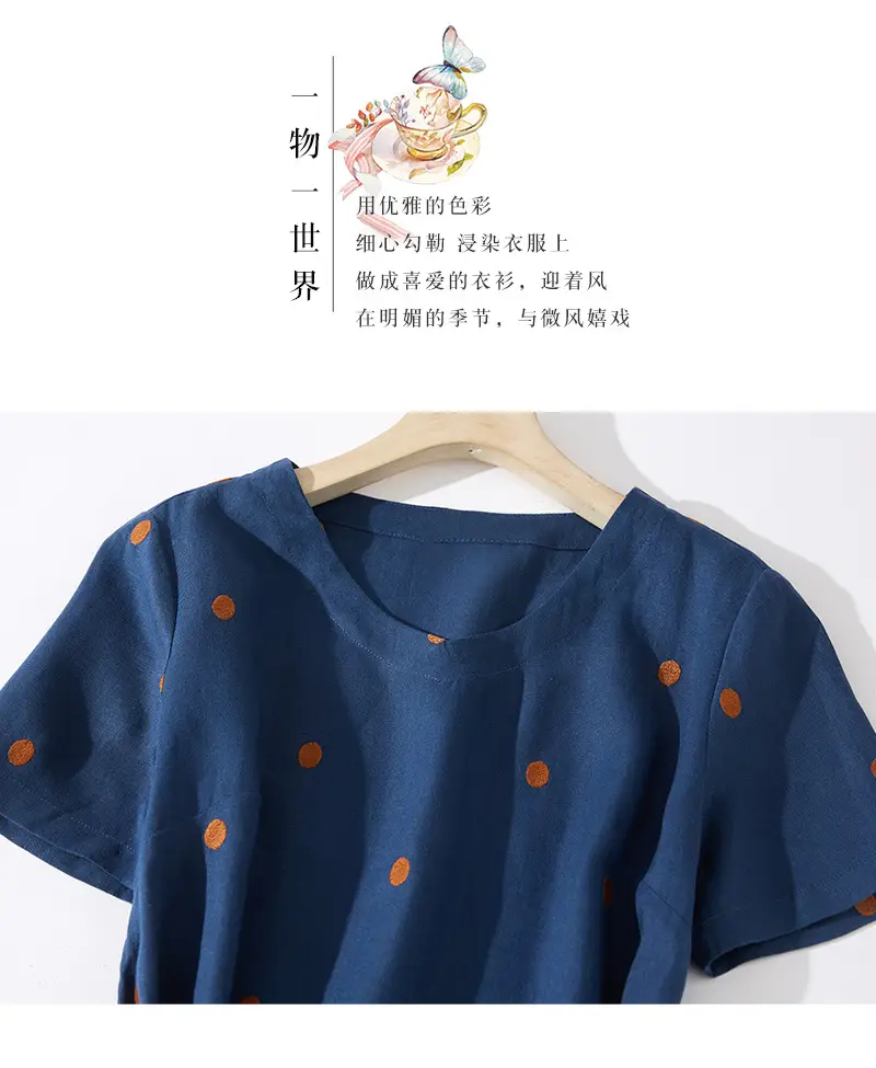 Blue Linen Printed Polka Dot Mid-Length Dress — feature 4