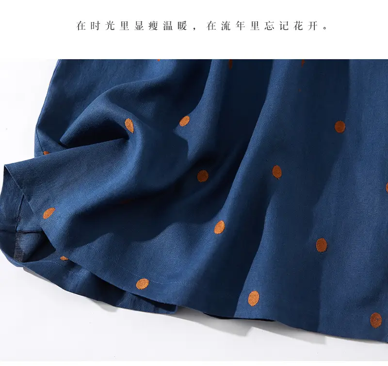 Blue Linen Printed Polka Dot Mid-Length Dress — feature 6