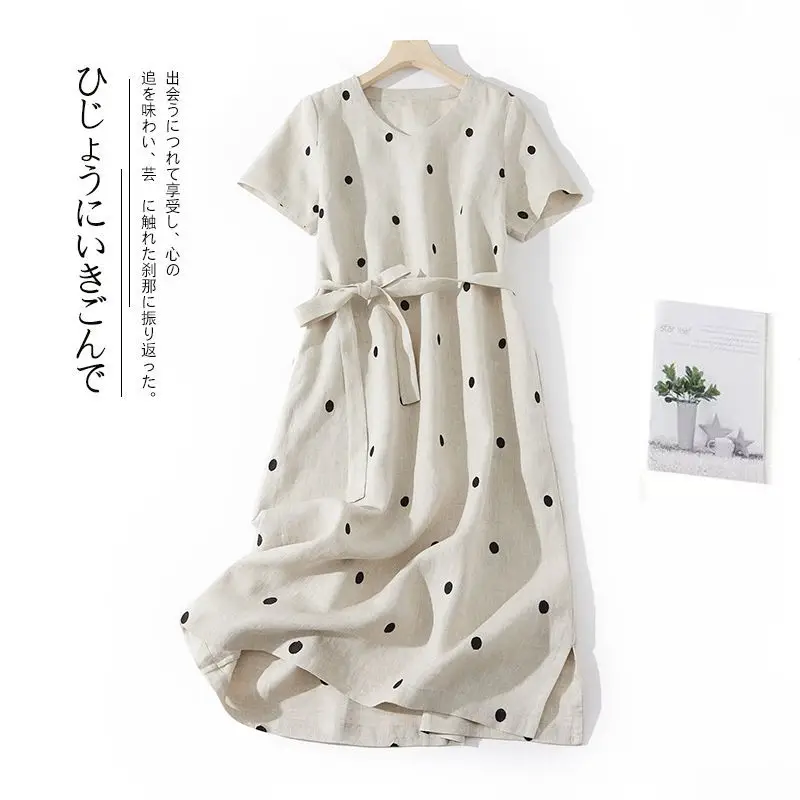 Blue Linen Printed Polka Dot Mid-Length Dress - Image 2