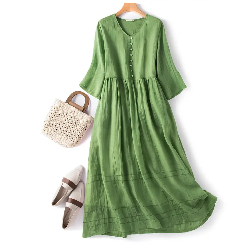 White V-Neck Button Dress for Women
