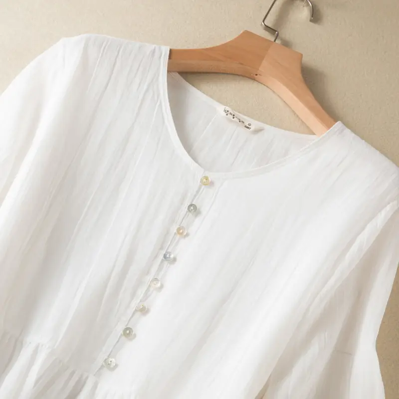 White V-Neck Button Dress for Women