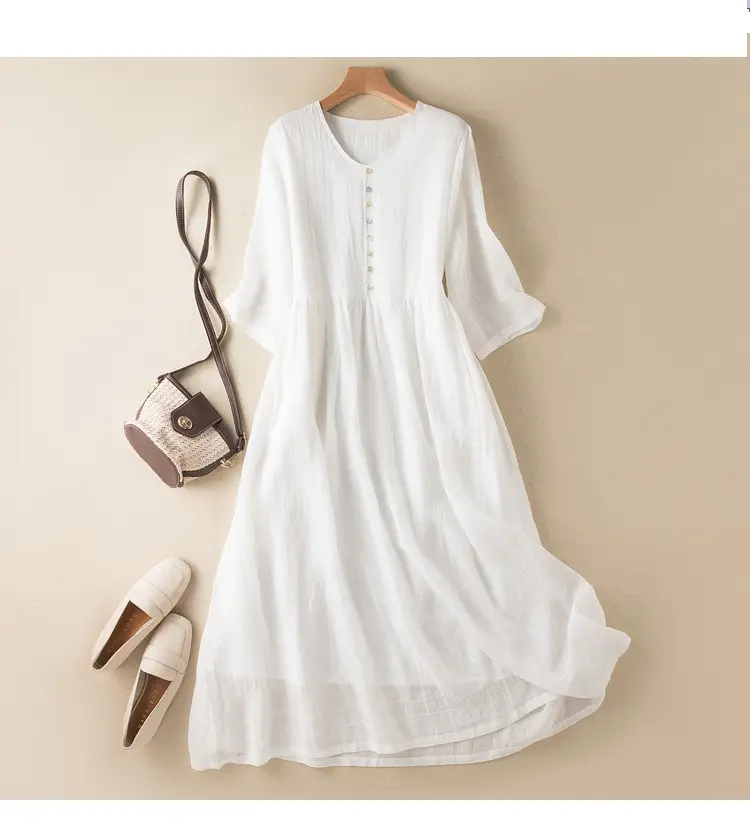 White V-Neck Button Dress for Women — feature 5