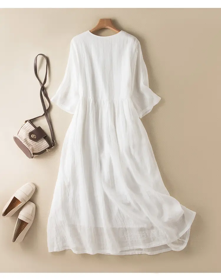 White V-Neck Button Dress for Women — feature 6